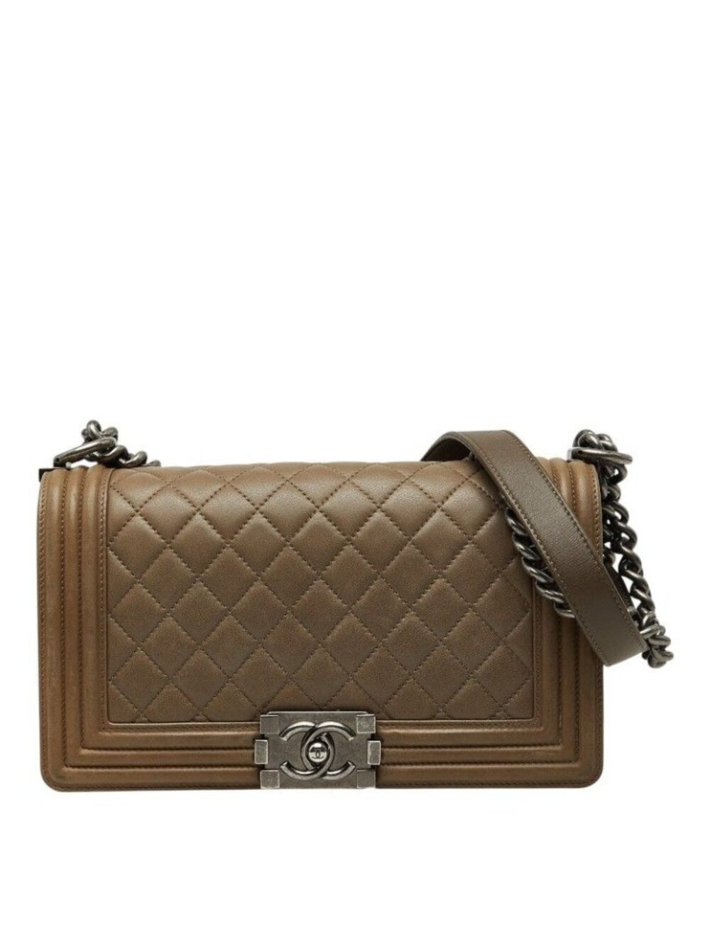 Chanel CC Logo Quilted Boy 25 Chain Shoulder Bag Khaki Green Lambskin
